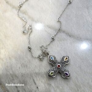 Sterling Silver Marcasite Multi-Gemstone Cross Pendant Necklace – 30" Chain